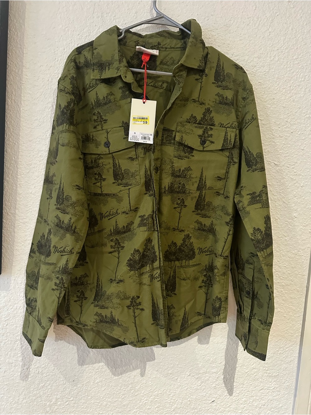 Woolrich Olive Green Long Sleeve Button-Down Shirt with Black Nature Print